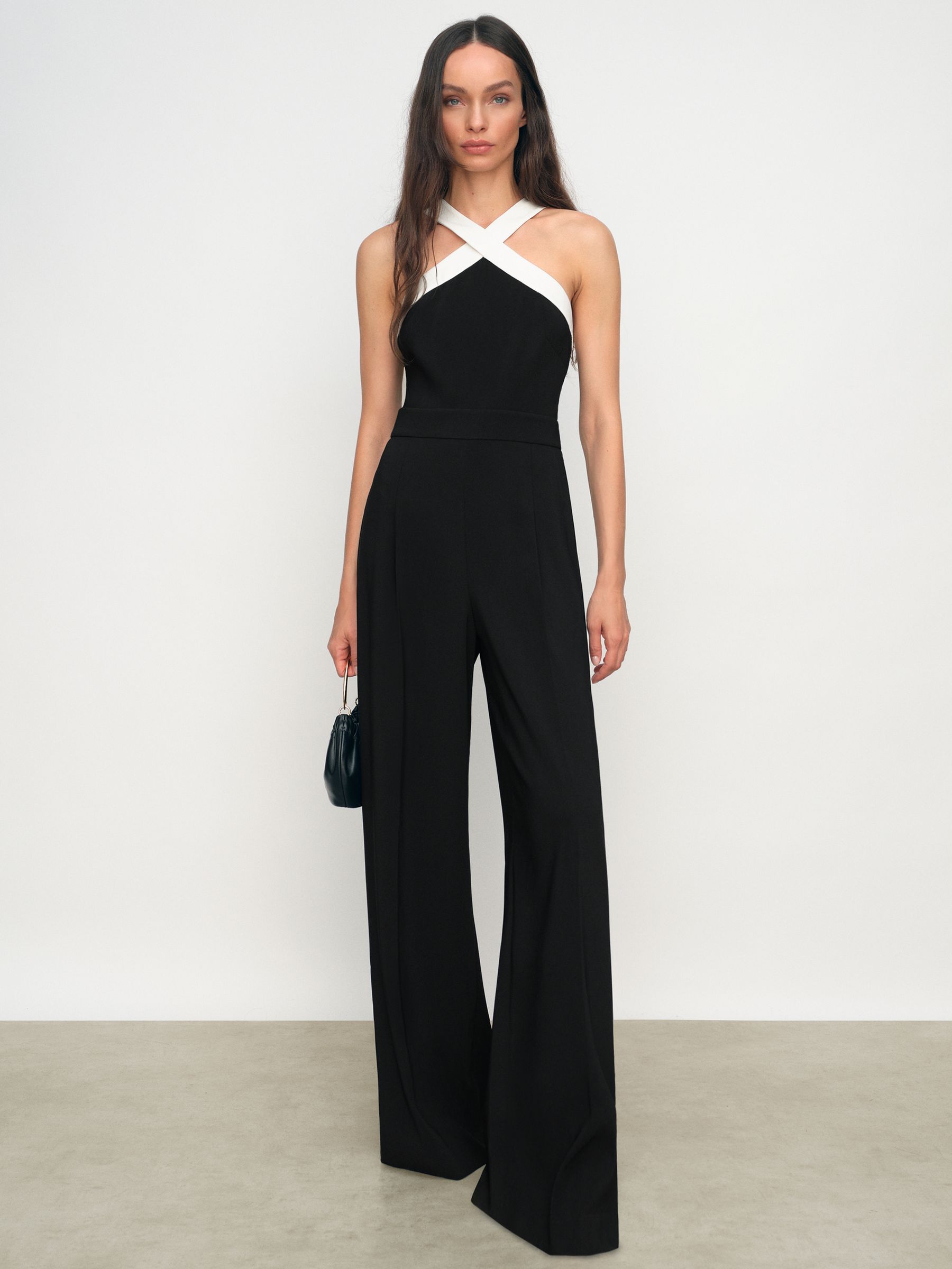 Buy Reiss Black/Cream Cliona Colour-Block Halter Wide-Leg Jumpsuit