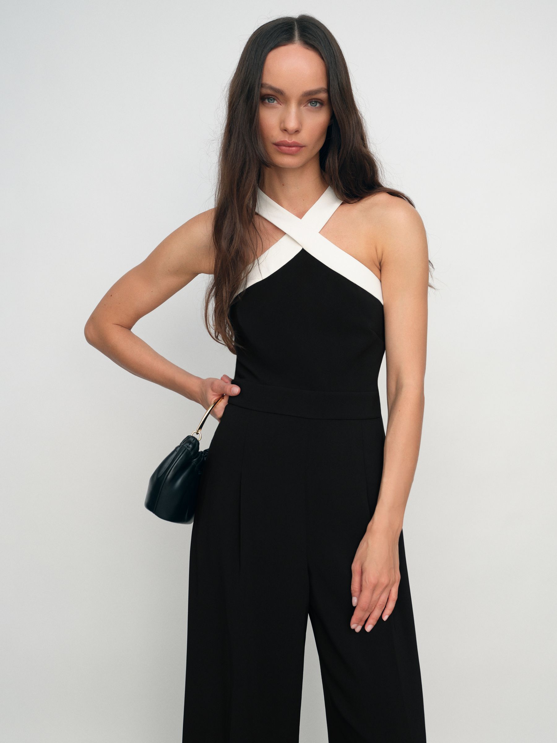 Buy Reiss Black/Cream Cliona Colour-Block Halter Wide-Leg Jumpsuit