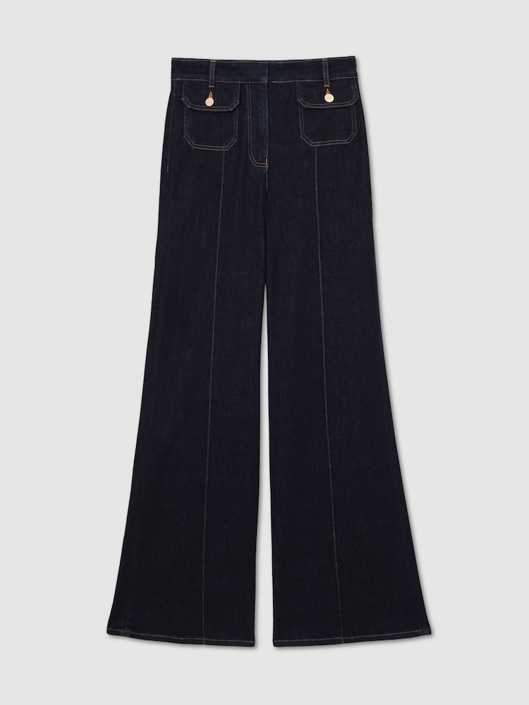 Reiss Dark Blue Ria Flared Pocket-Detail Jeans - Image 2 of 7 Reiss Dark Blue Ria Flared Pocket-Detail Jeans - Image 2 of 7