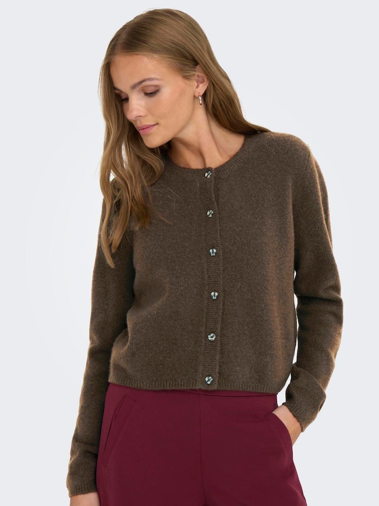 JDY Brown Knitted Button Down Short Cardigan - Image 1 of 6