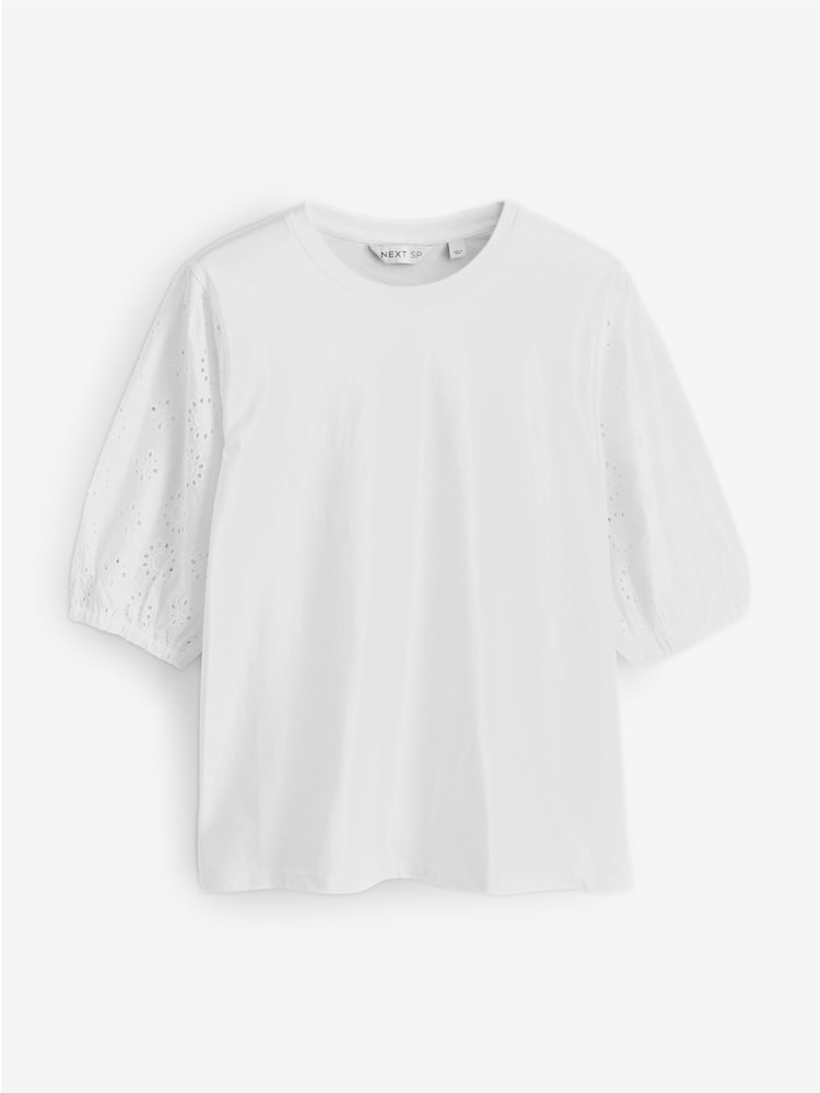 White T-Shirt with Broderie Sleeve - Image 1 of 1