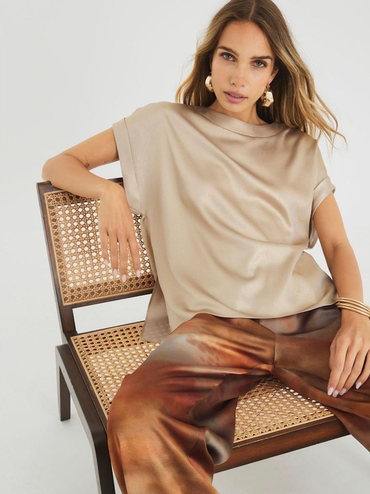 River Island Gold Satin Short Sleeve Turn Up Cuff T-Shirt - Image 2 of 4