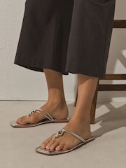 Silver Leather Forever Comfort® HardwareTrim Toe Thong Sandals - Image 6 of 10