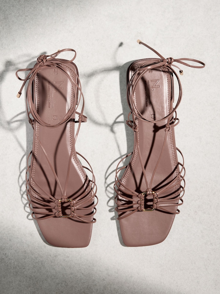 Taupe N. Premium Leather Square Toe Hardware Ankle Wrap Sandals - Image 1 of 11