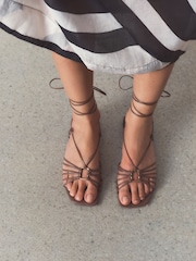 Taupe N. Premium Leather Square Toe Hardware Ankle Wrap Sandals - Image 2 of 11