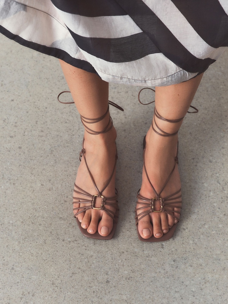 Taupe N. Premium Leather Square Toe Hardware Ankle Wrap Sandals - Image 2 of 11