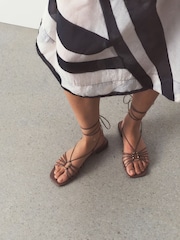 Taupe N. Premium Leather Square Toe Hardware Ankle Wrap Sandals - Image 3 of 11