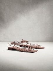 Taupe N. Premium Leather Square Toe Hardware Ankle Wrap Sandals - Image 7 of 11