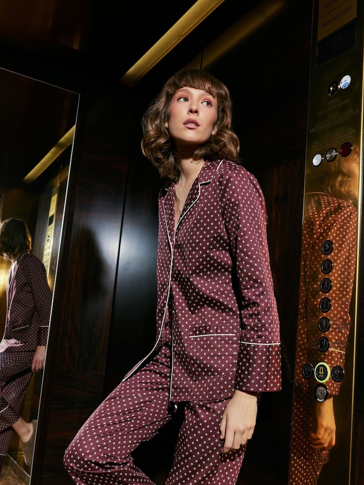 Aruelle Red Georgette Luxury Cotton Long Leg Pyjamas set in geomettric pattern with contrast piping detail - Image 1 of 6 Aruelle Red Georgette Luxury Cotton Long Leg Pyjamas set in geomettric pattern with contrast piping detail - Image 1 of 6