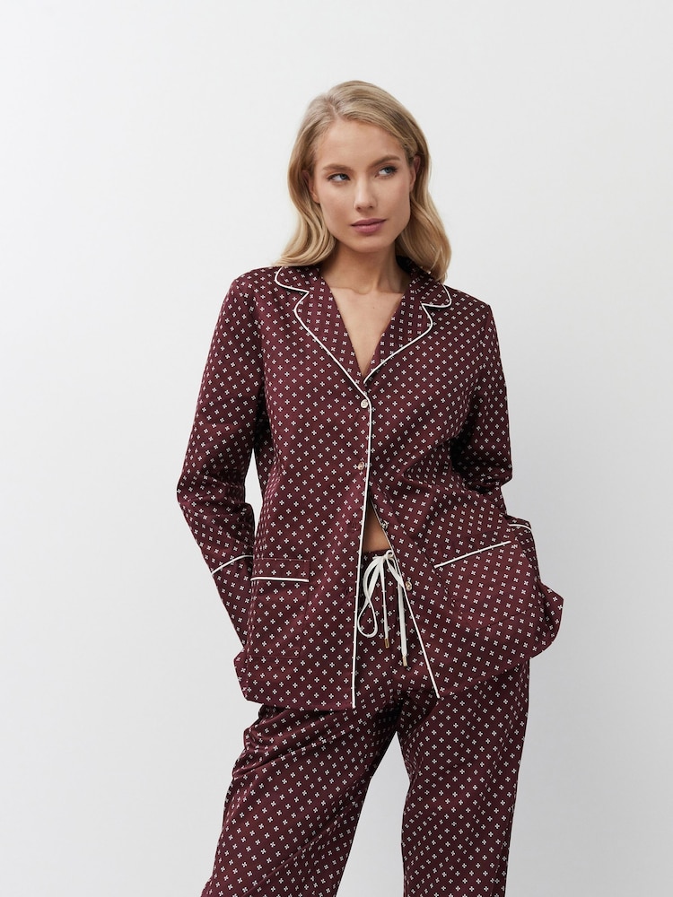 Aruelle Red Georgette Luxury Cotton Long Leg Pyjamas set in geomettric pattern with contrast piping detail - Image 2 of 6 Aruelle Red Georgette Luxury Cotton Long Leg Pyjamas set in geomettric pattern with contrast piping detail - Image 2 of 6