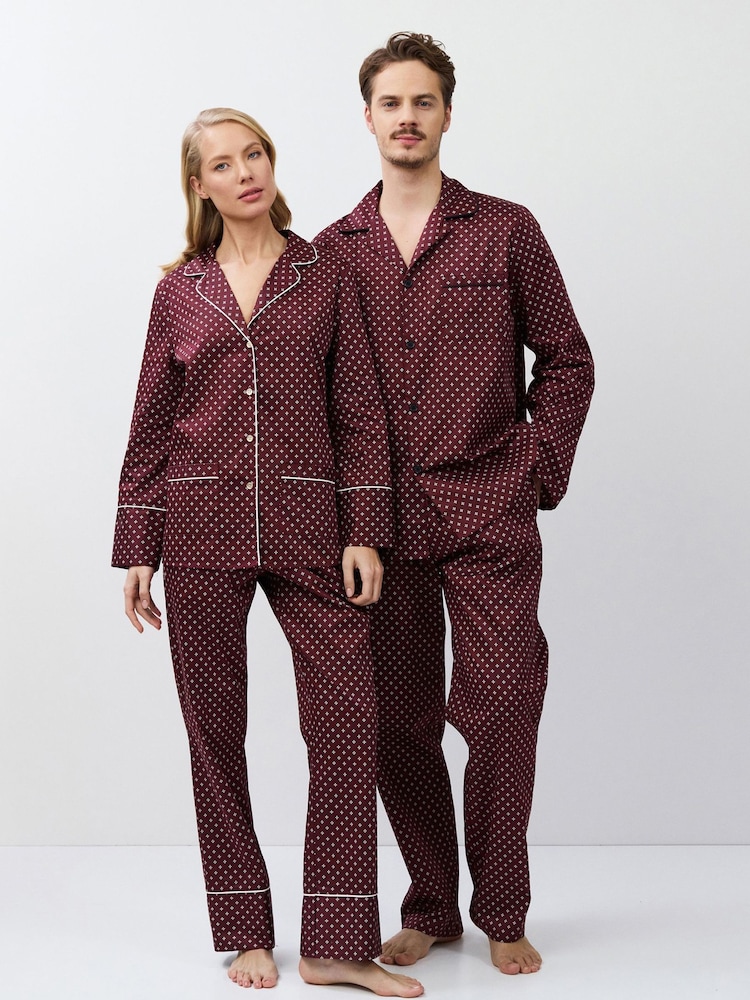 Aruelle Red Georgette Luxury Cotton Long Leg Pyjamas set in geomettric pattern with contrast piping detail - Image 6 of 6 Aruelle Red Georgette Luxury Cotton Long Leg Pyjamas set in geomettric pattern with contrast piping detail - Image 6 of 6
