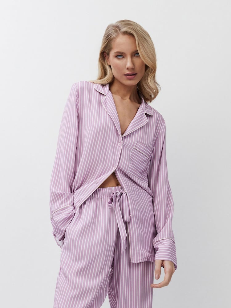 Aruelle Purple Margareth Luxury stripe Long Leg Pyjamas set in supersoft Viscose. - Image 2 of 5 Aruelle Purple Margareth Luxury stripe Long Leg Pyjamas set in supersoft Viscose. - Image 2 of 5