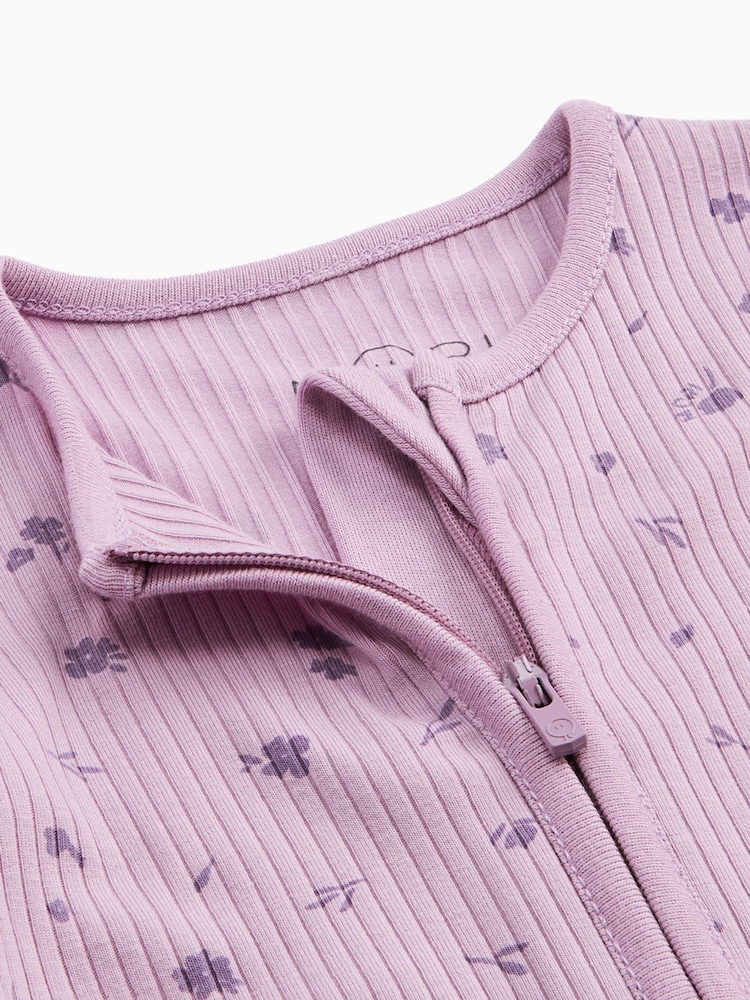 MORI Purple Floral Supersoft Ribbed Two Way Zip Sleepsuit - Image 2 of 3