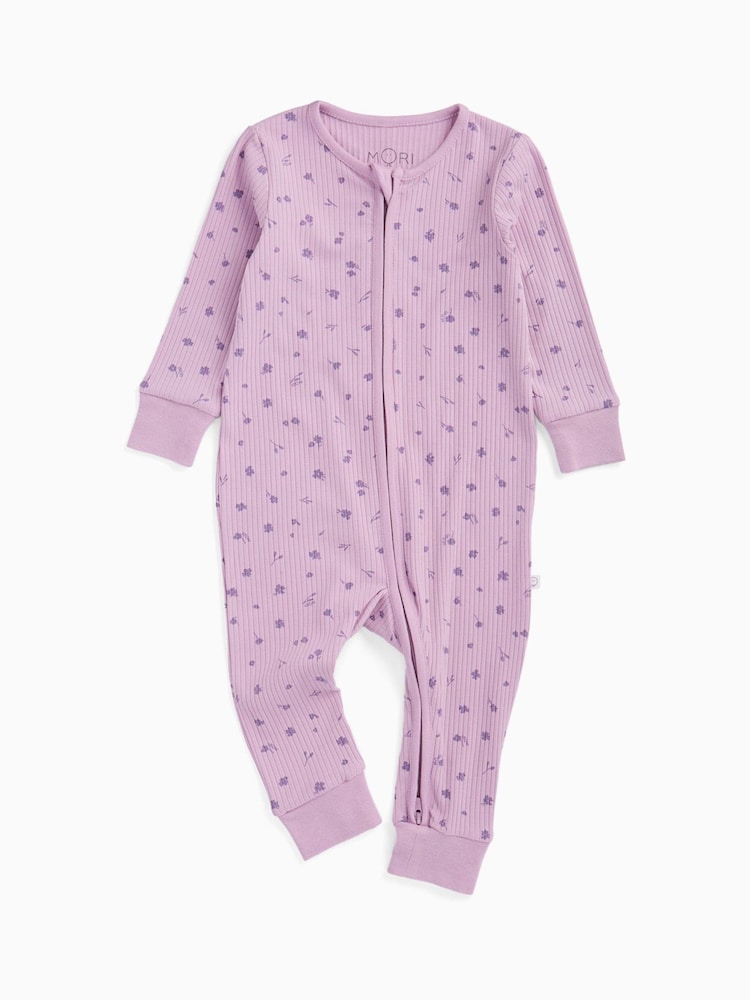 MORI Purple Floral Supersoft Ribbed Two Way Zip Sleepsuit - Image 3 of 3 MORI Purple Floral Supersoft Ribbed Two Way Zip Sleepsuit - Image 3 of 3
