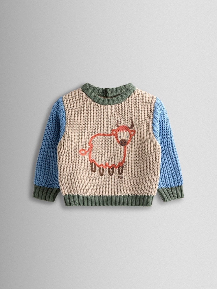 JoJo Maman Bébé Natural Highland Cow Embroidered Tractor Jumper - Image 1 of 3