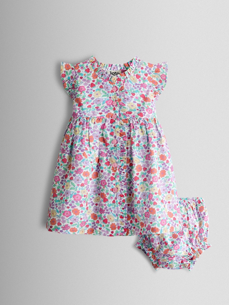 JoJo Maman Bébé Pink Strawberry Floral Frill Shoulder Button Through Baby Dress - Image 1 of 7