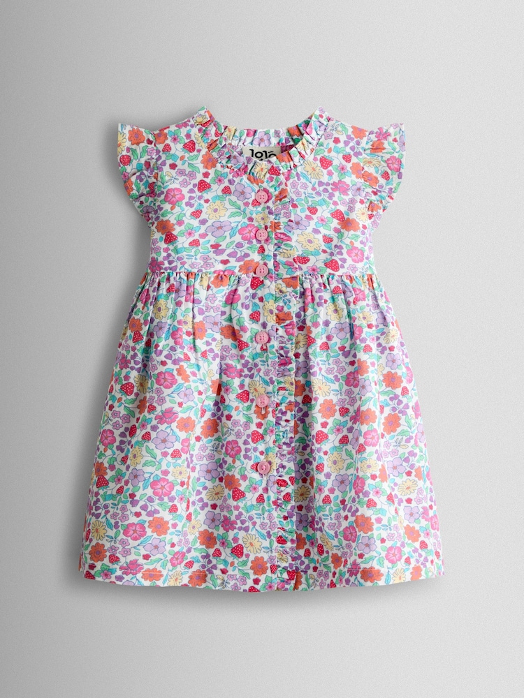 JoJo Maman Bébé Pink Strawberry Floral Frill Shoulder Button Through Baby Dress - Image 2 of 7