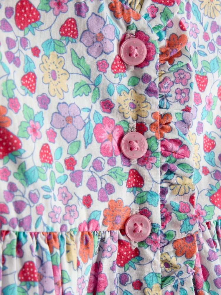 JoJo Maman Bébé Pink Strawberry Floral Frill Shoulder Button Through Baby Dress - Image 7 of 7