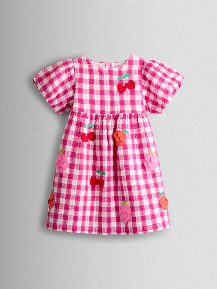 JoJo Maman Bébé Fuchsia Pink Gingham Fruit Appliqué Puff Sleeve Dress - Image 1 of 4