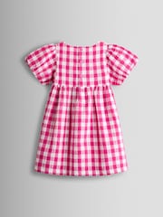 JoJo Maman Bébé Fuchsia Pink Gingham Fruit Appliqué Puff Sleeve Dress - Image 2 of 4