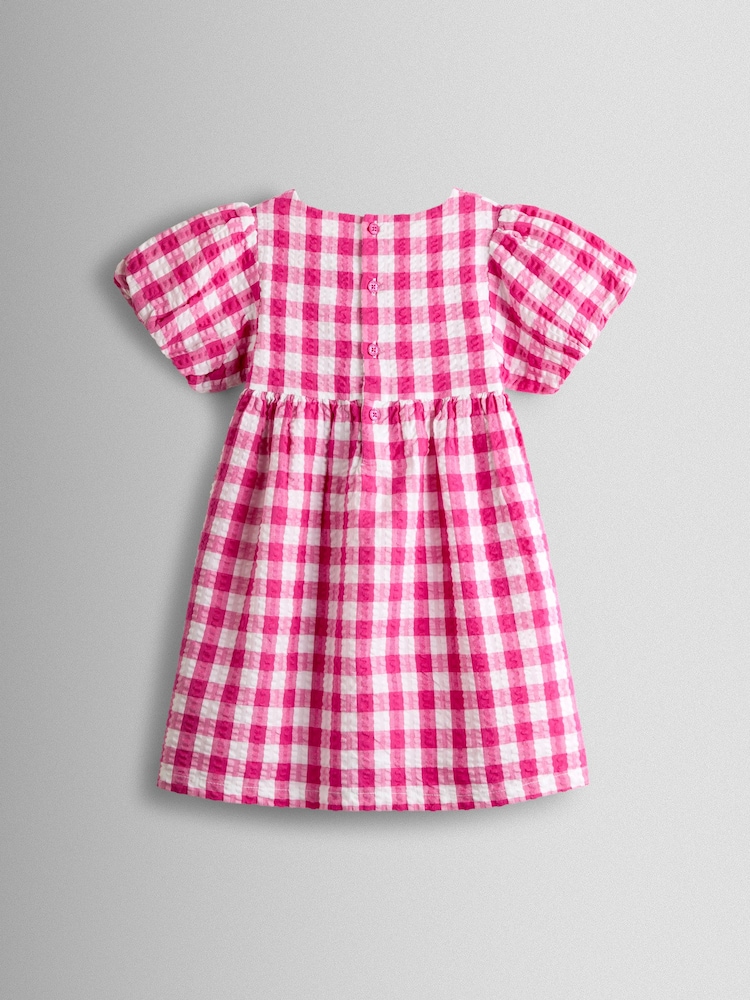 JoJo Maman Bébé Fuchsia Pink Gingham Fruit Appliqué Puff Sleeve Dress - Image 2 of 4