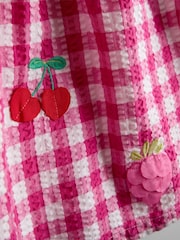 JoJo Maman Bébé Fuchsia Pink Gingham Fruit Appliqué Puff Sleeve Dress - Image 3 of 4
