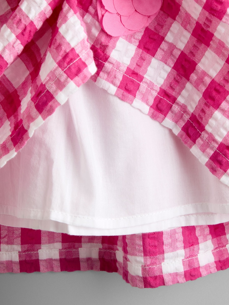 JoJo Maman Bébé Fuchsia Pink Gingham Fruit Appliqué Puff Sleeve Dress - Image 4 of 4