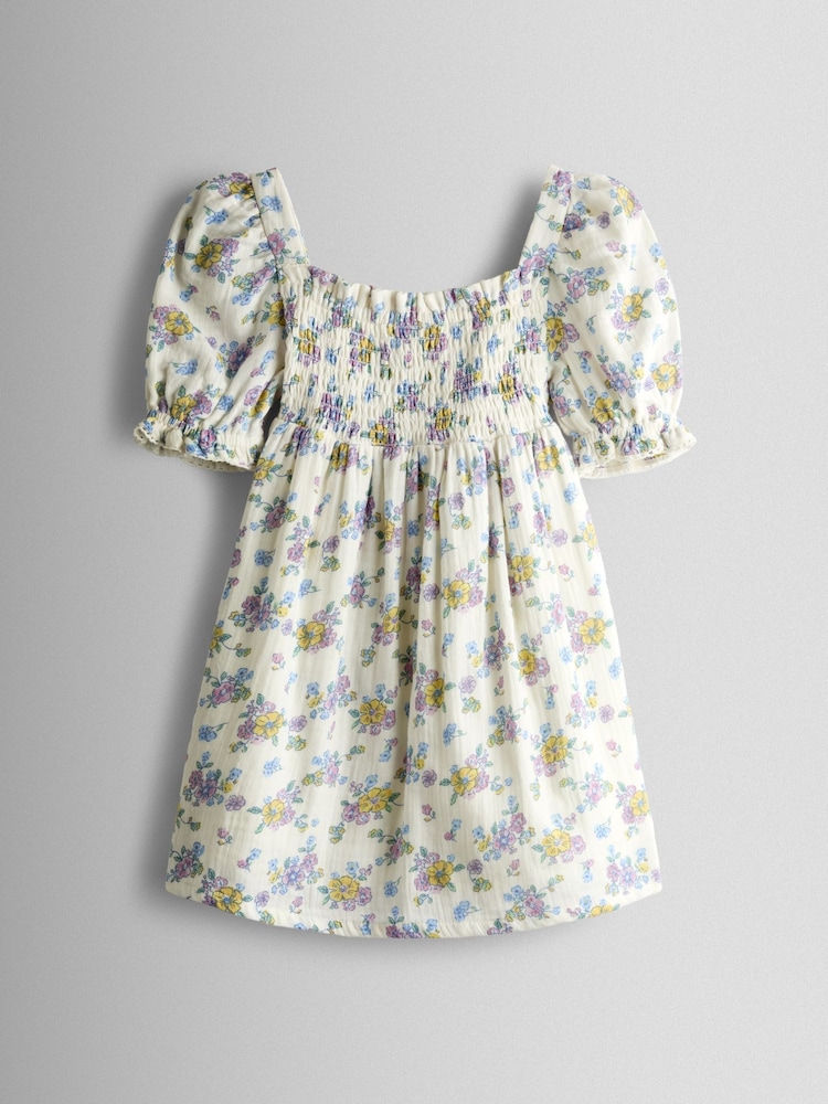 JoJo Maman Bébé Natural Floral Cheesecloth Smocked Bodice Dress - Image 2 of 4