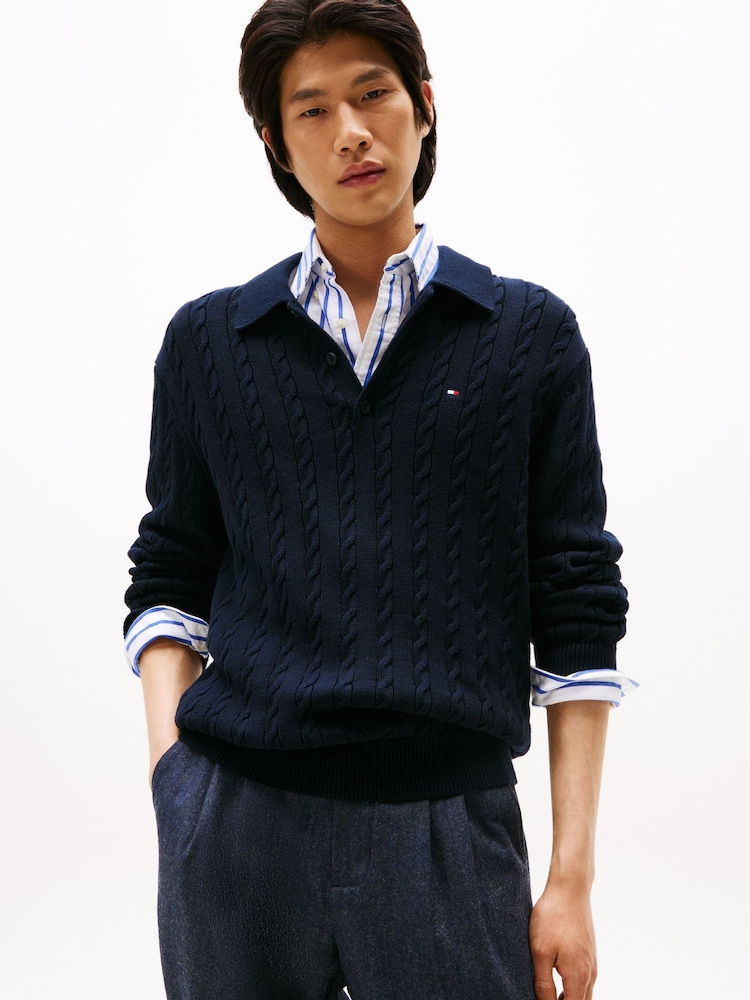 Tommy Hilfiger Blue Regular Fit Cable Knit Long Sleeve Polo Shirt - Image 1 of 5 Tommy Hilfiger Blue Regular Fit Cable Knit Long Sleeve Polo Shirt - Image 1 of 5