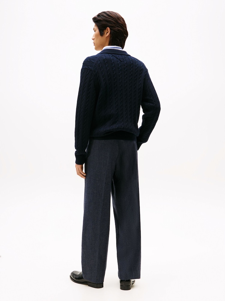 Tommy Hilfiger Blue Regular Fit Cable Knit Long Sleeve Polo Shirt - Image 2 of 5 Tommy Hilfiger Blue Regular Fit Cable Knit Long Sleeve Polo Shirt - Image 2 of 5