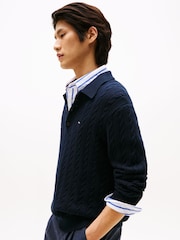 Tommy Hilfiger Blue Regular Fit Cable Knit Long Sleeve Polo Shirt - Image 4 of 5