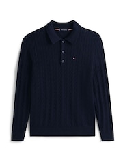 Tommy Hilfiger Blue Regular Fit Cable Knit Long Sleeve Polo Shirt - Image 5 of 5