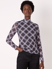 Whistles Purple/Grey Check Print Mesh Top - Image 1 of 5