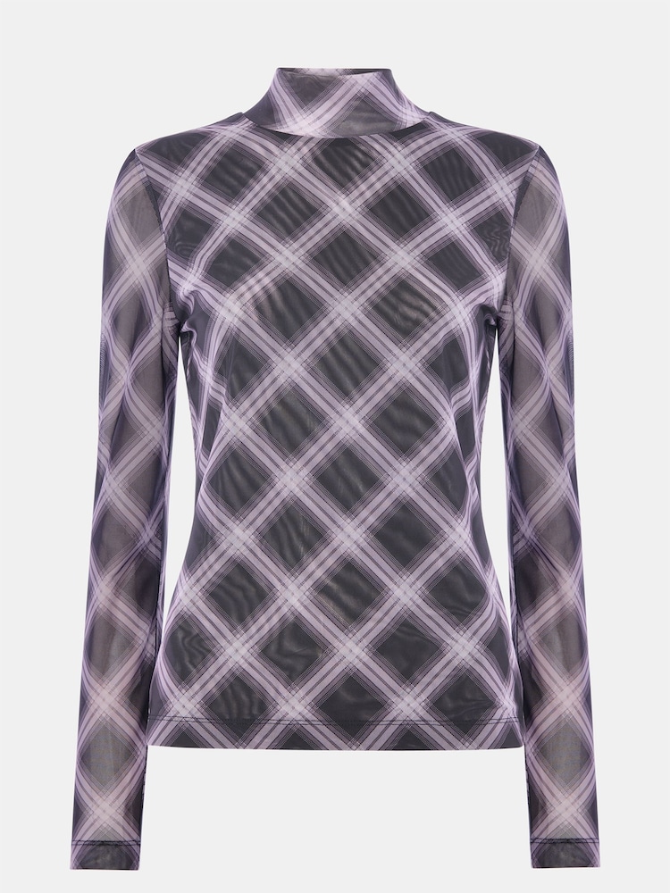 Whistles Purple/Grey Check Print Mesh Top - Image 5 of 5