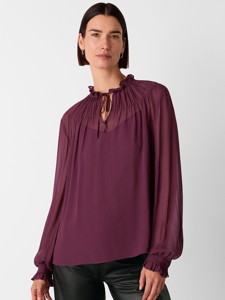 Whistles Purple Tie Neck Detail Sheer Blouse - Image 1 of 5