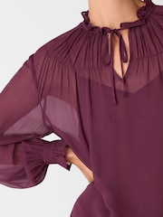 Whistles Purple Tie Neck Detail Sheer Blouse - Image 4 of 5