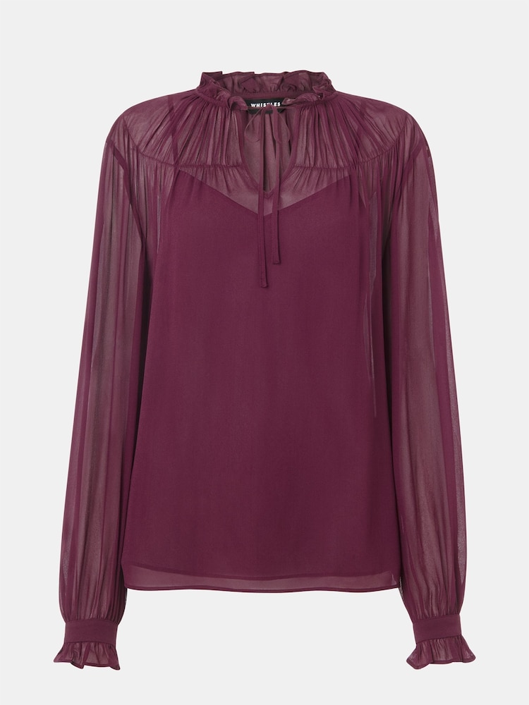 Whistles Purple Tie Neck Detail Sheer Blouse - Image 5 of 5