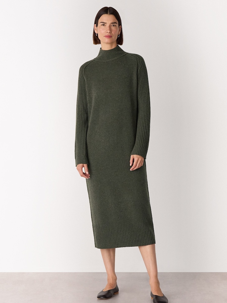 Whistles Green Funnel Neck Wool Midi Dress - Image 1 of 5