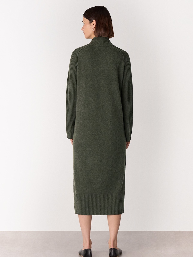Whistles Green Funnel Neck Wool Midi Dress - Image 2 of 5