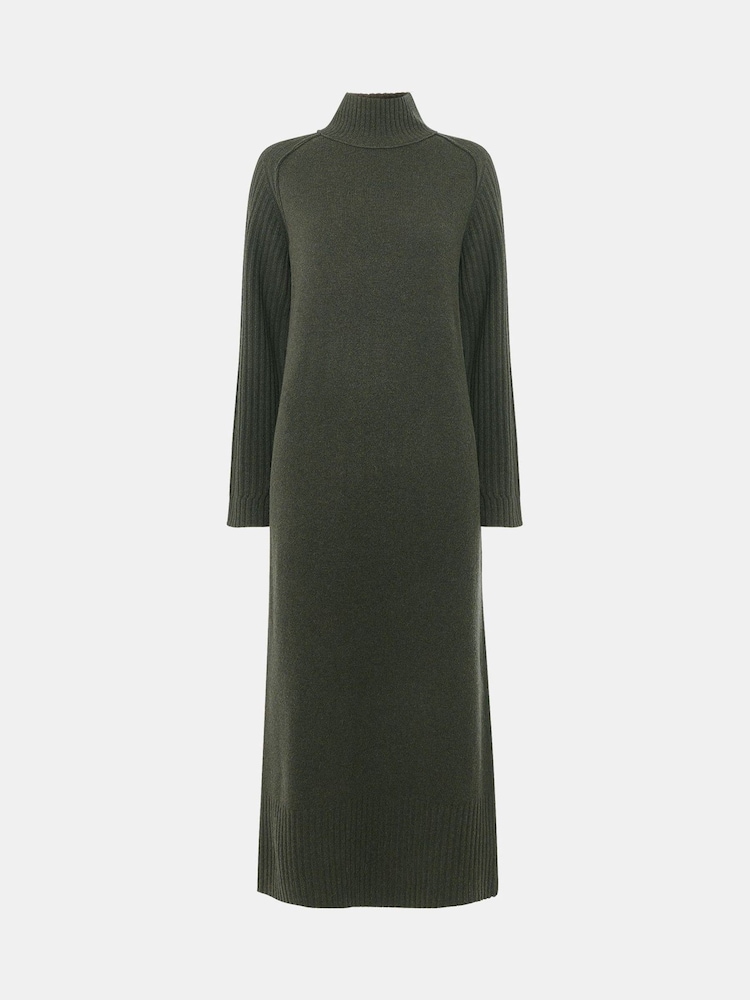 Whistles Green Funnel Neck Wool Midi Dress - Image 5 of 5