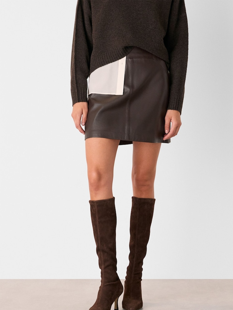 Whistles Brown Leather A-Line Skirt - Image 1 of 4