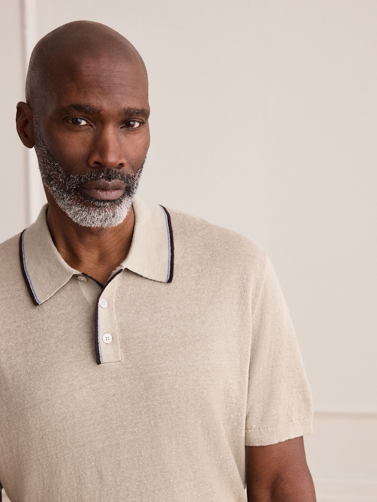 Neutral Signature 100% Linen Tipped Knitted Polo Shirt - Image 1 of 5