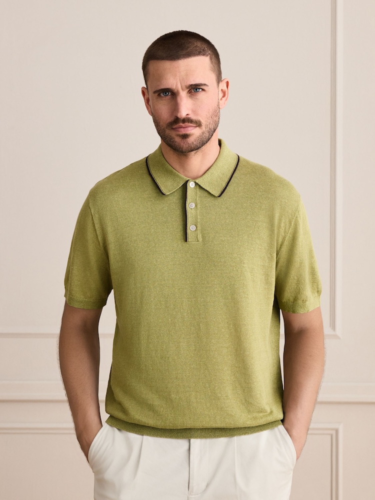 Green Signature 100% Linen Tipped Knitted Polo Shirt - Image 1 of 4