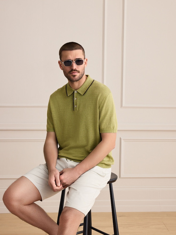 Green Signature 100% Linen Tipped Knitted Polo Shirt - Image 2 of 4