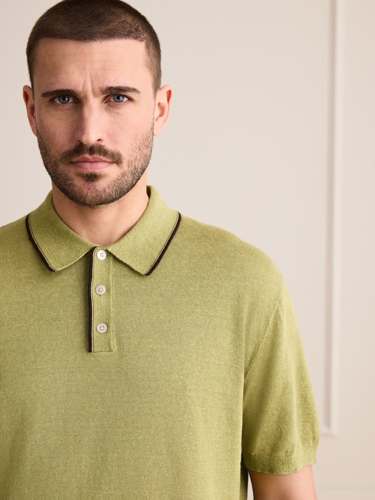 Green Signature 100% Linen Tipped Knitted Polo Shirt - Image 4 of 4