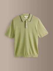 Berde - Lagda 100% Niniting na Polo Shirt na may Tipped na Linen - Larawan 5 ng 7
