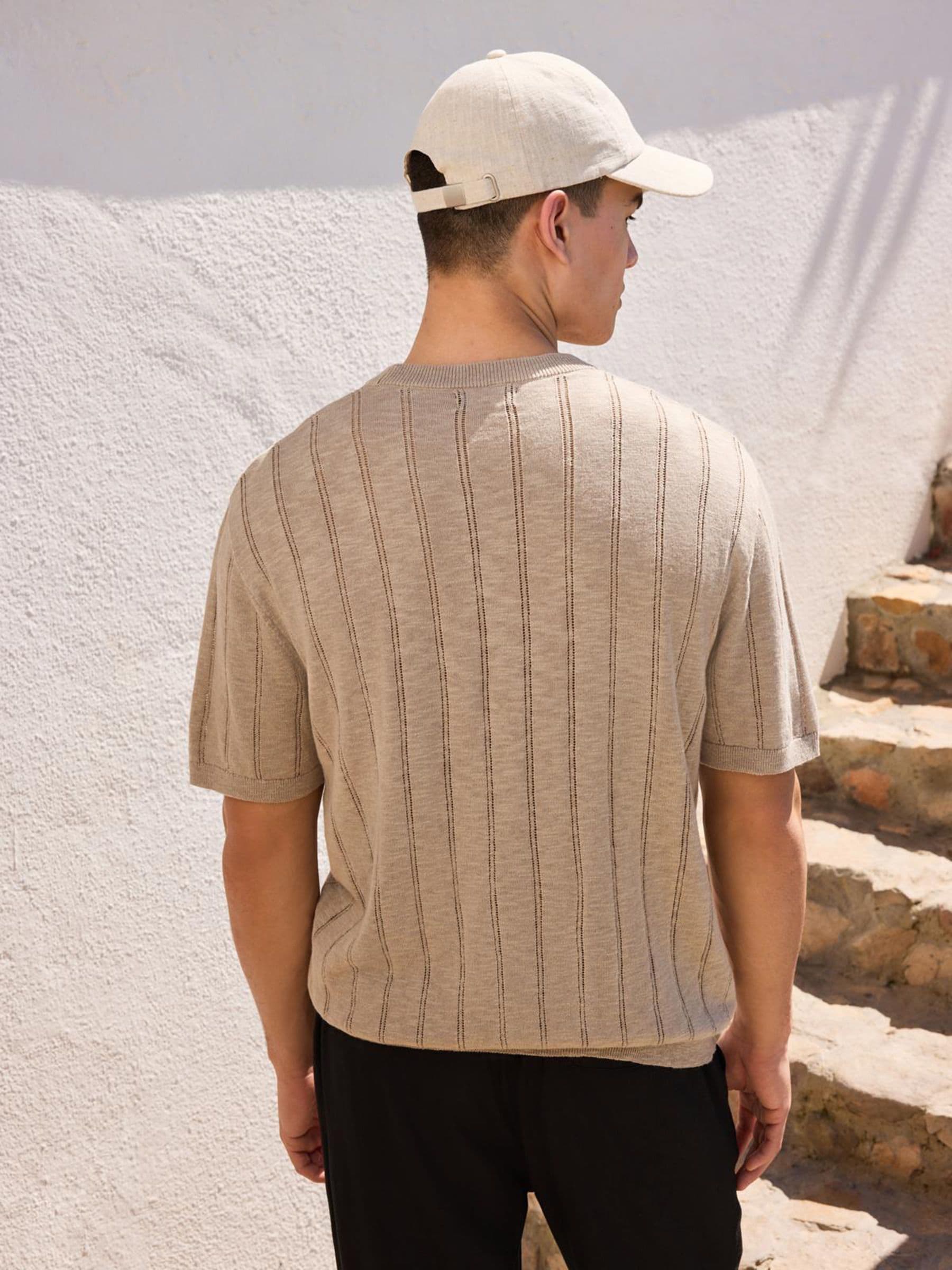 Buy Neutral Regular Fit Pointelle Knitted T-Shirt with Linen from