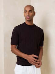 Brown Regular Fit Pointelle Knitted T-Shirt with Linen - Image 4 of 4