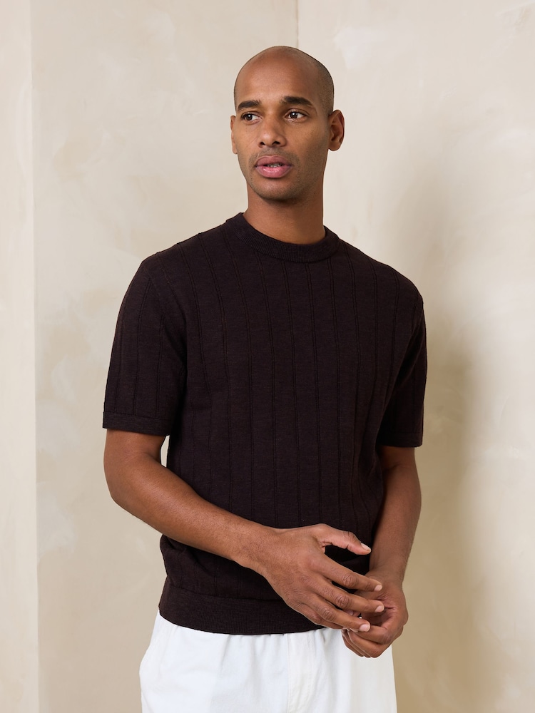 Brown Regular Fit Pointelle Knitted T-Shirt with Linen - Image 4 of 4