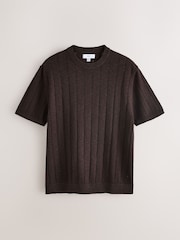 Brown Regular Fit Pointelle Knitted T-Shirt with Linen - Image 5 of 7